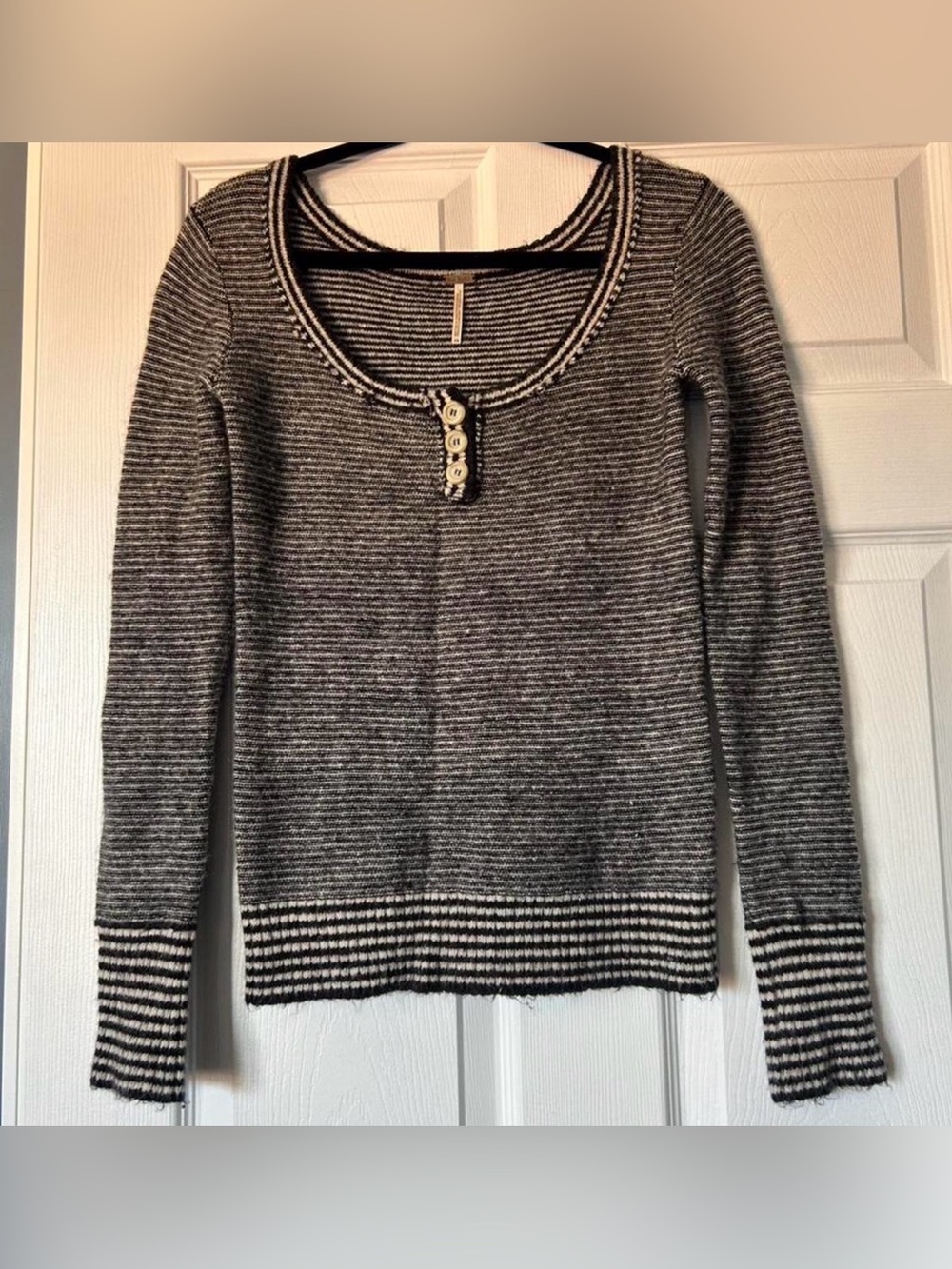 Free People Black & White Striped Knit Scoop Neck Sweater
